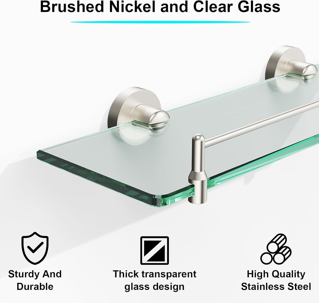 Wall‑Mounted Nickel Glass Bathroom Shelf