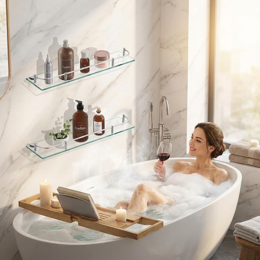 Wall‑Mounted Tempered‑Glass Bathroom Shelves
