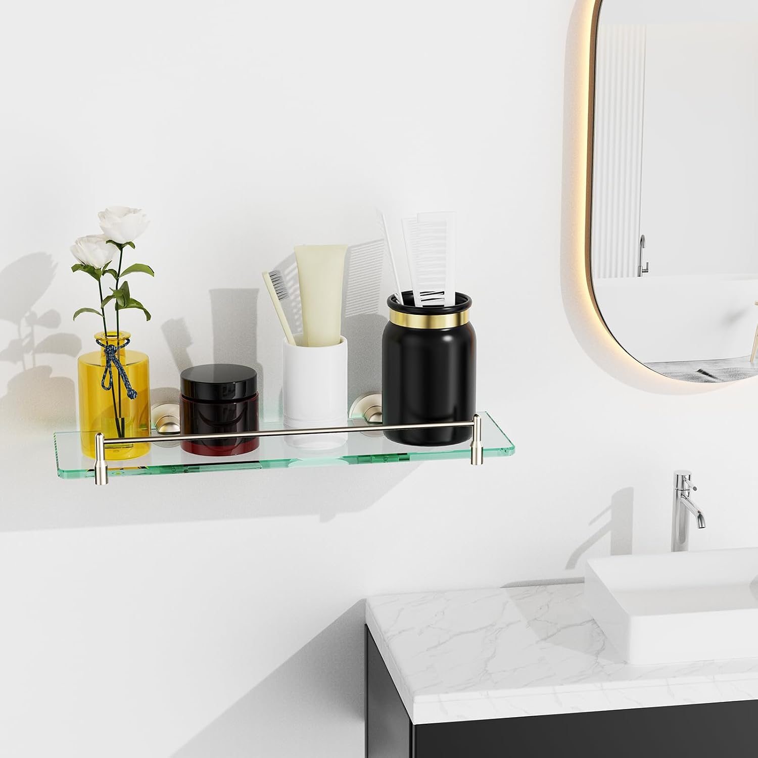 Wall‑Mounted Nickel Glass Bathroom Shelf