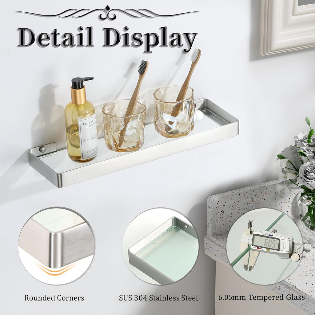 Wall‑Mounted Nickel Glass Bathroom Shelf