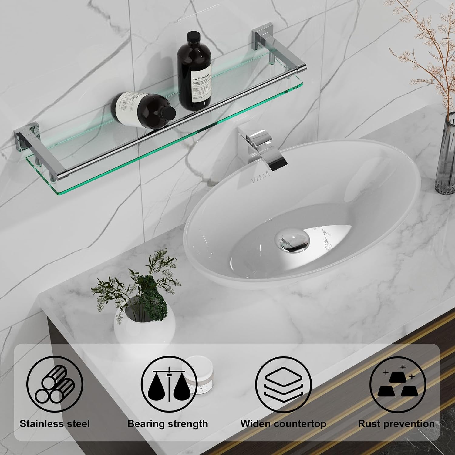 Wall‑Mounted Tempered‑Glass Bathroom Shelf