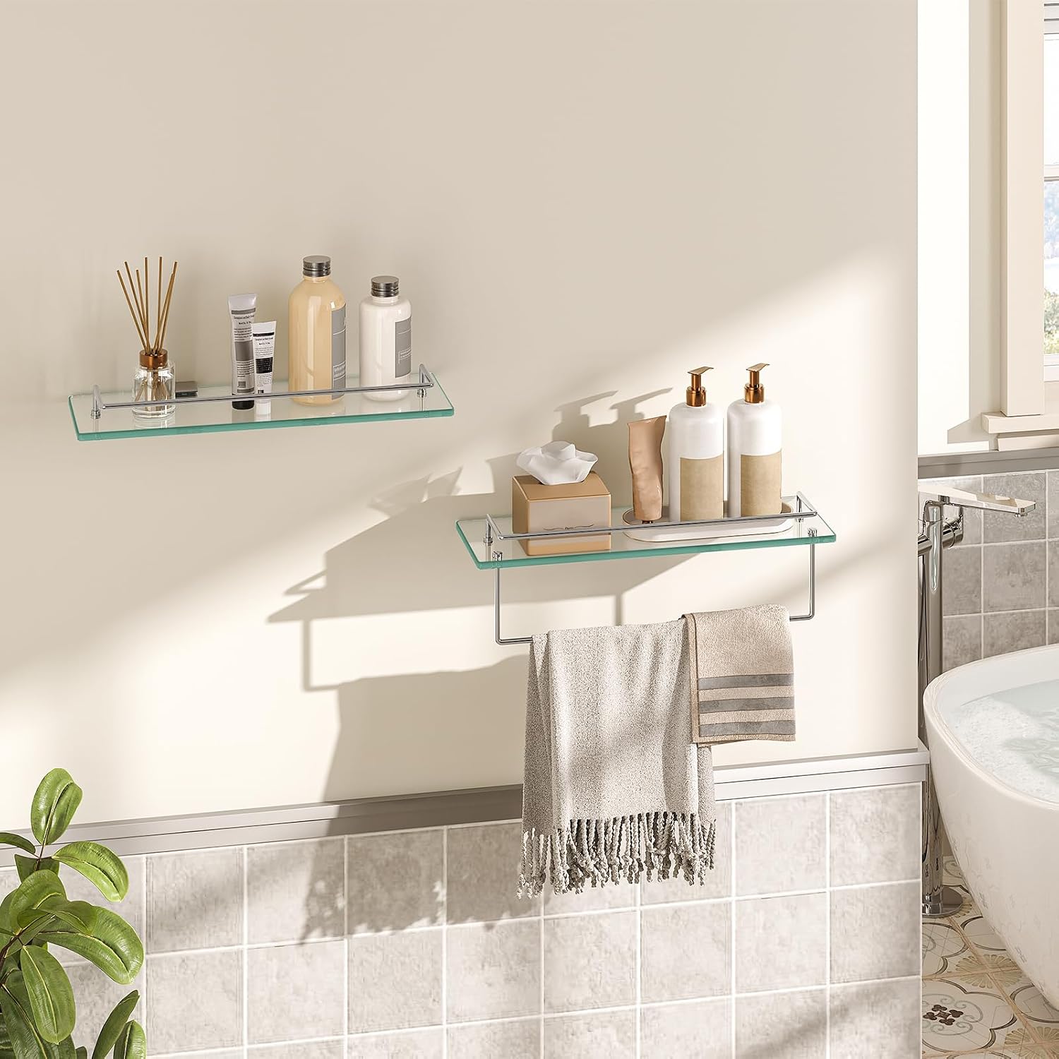Wall‑Mounted Tempered Glass Bathroom Shelves
