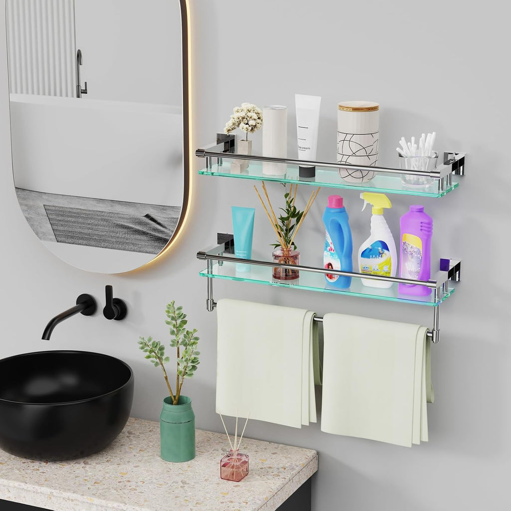 Wall‑Mounted Tempered‑Glass Bathroom Shelf