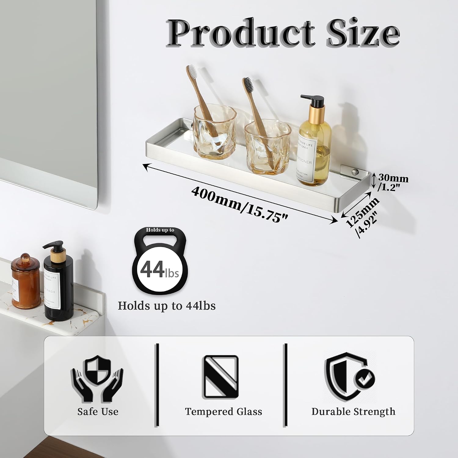 Wall‑Mounted Nickel Glass Bathroom Shelf