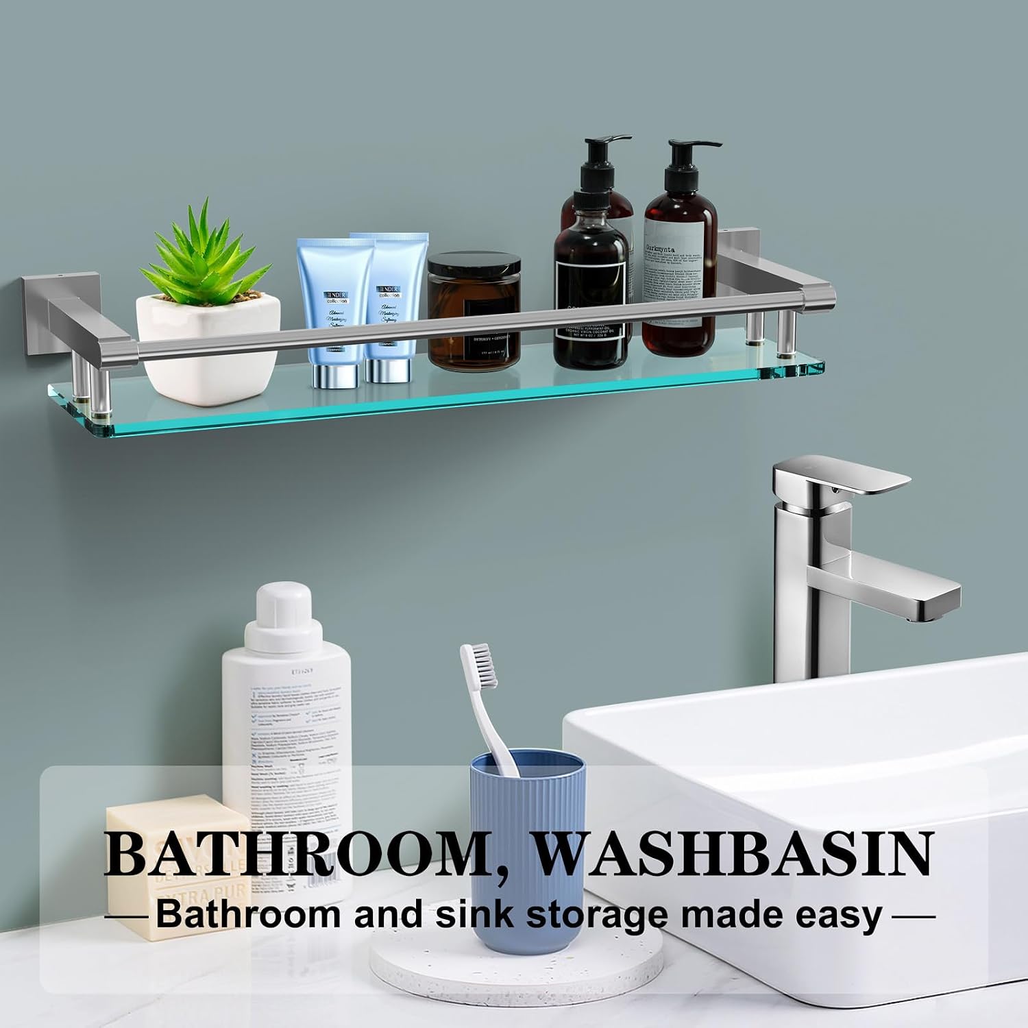 Wall‑Mounted Tempered‑Glass Bathroom Shelf