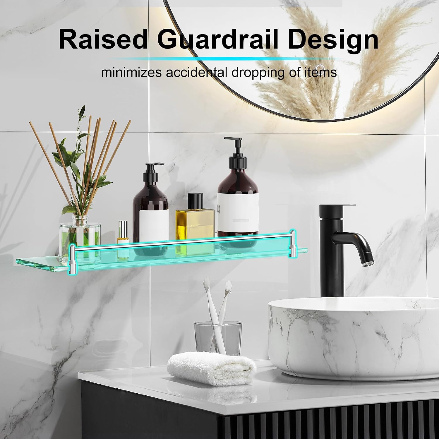 Wall‑Mounted Tempered‑Glass Bathroom Shelf