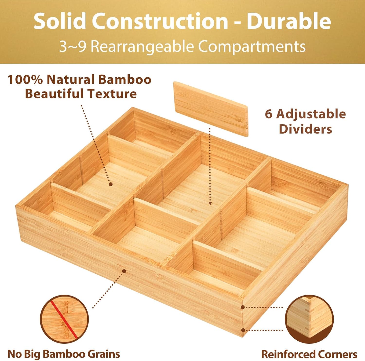 Bamboo Adjustable Drawer Organizer Tray