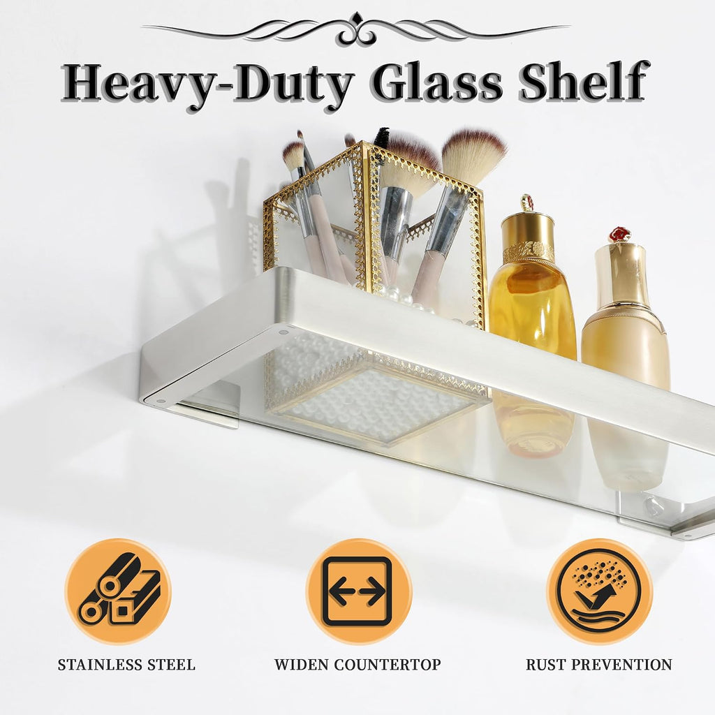Wall‑Mounted Nickel Glass Bathroom Shelf