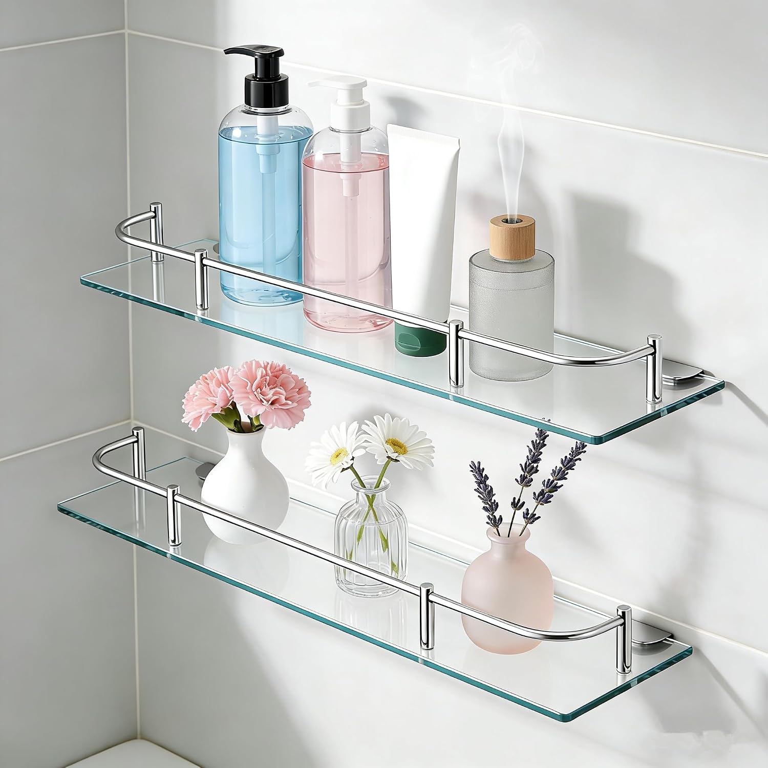 Wall‑Mounted Tempered‑Glass Bathroom Shelves