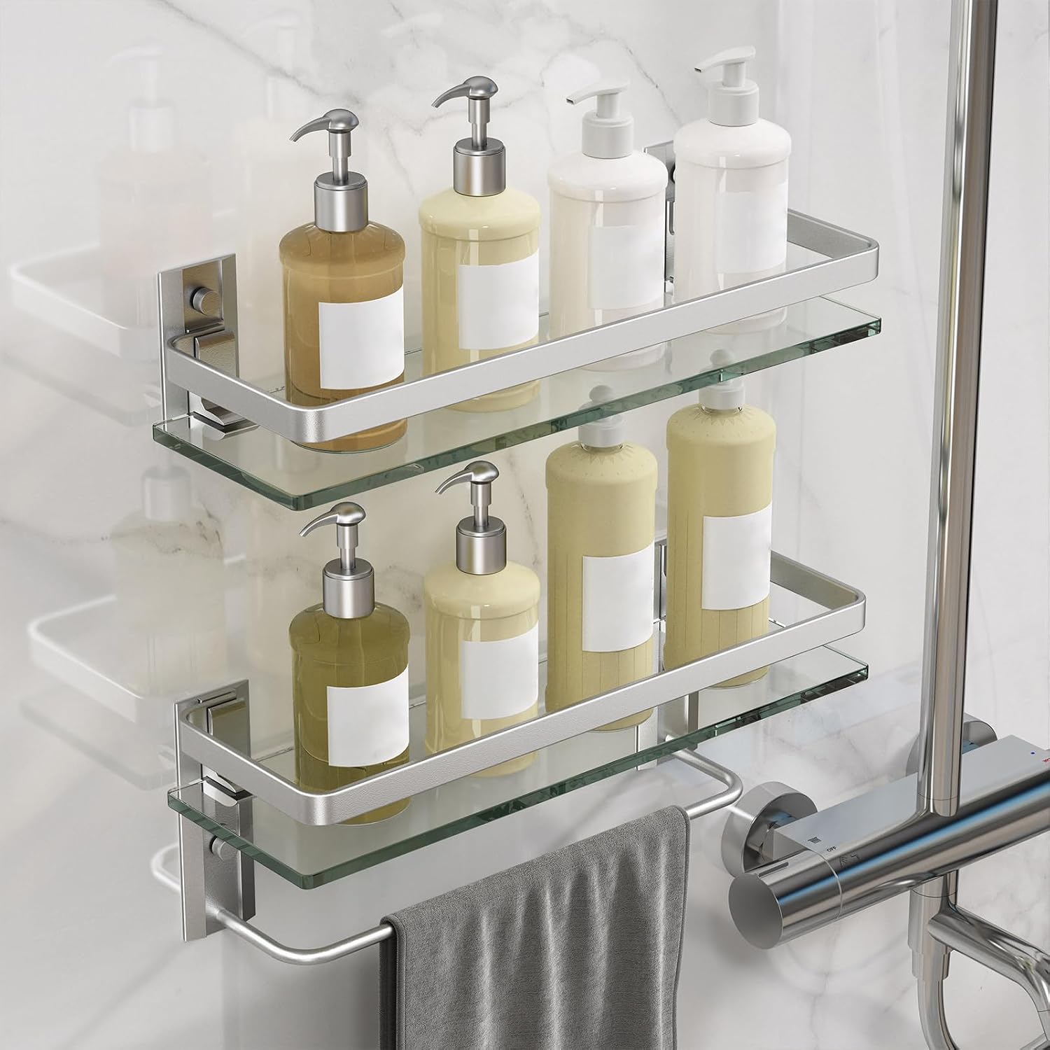 Wall‑Mounted Glass Bathroom Shelf With Towel Bar