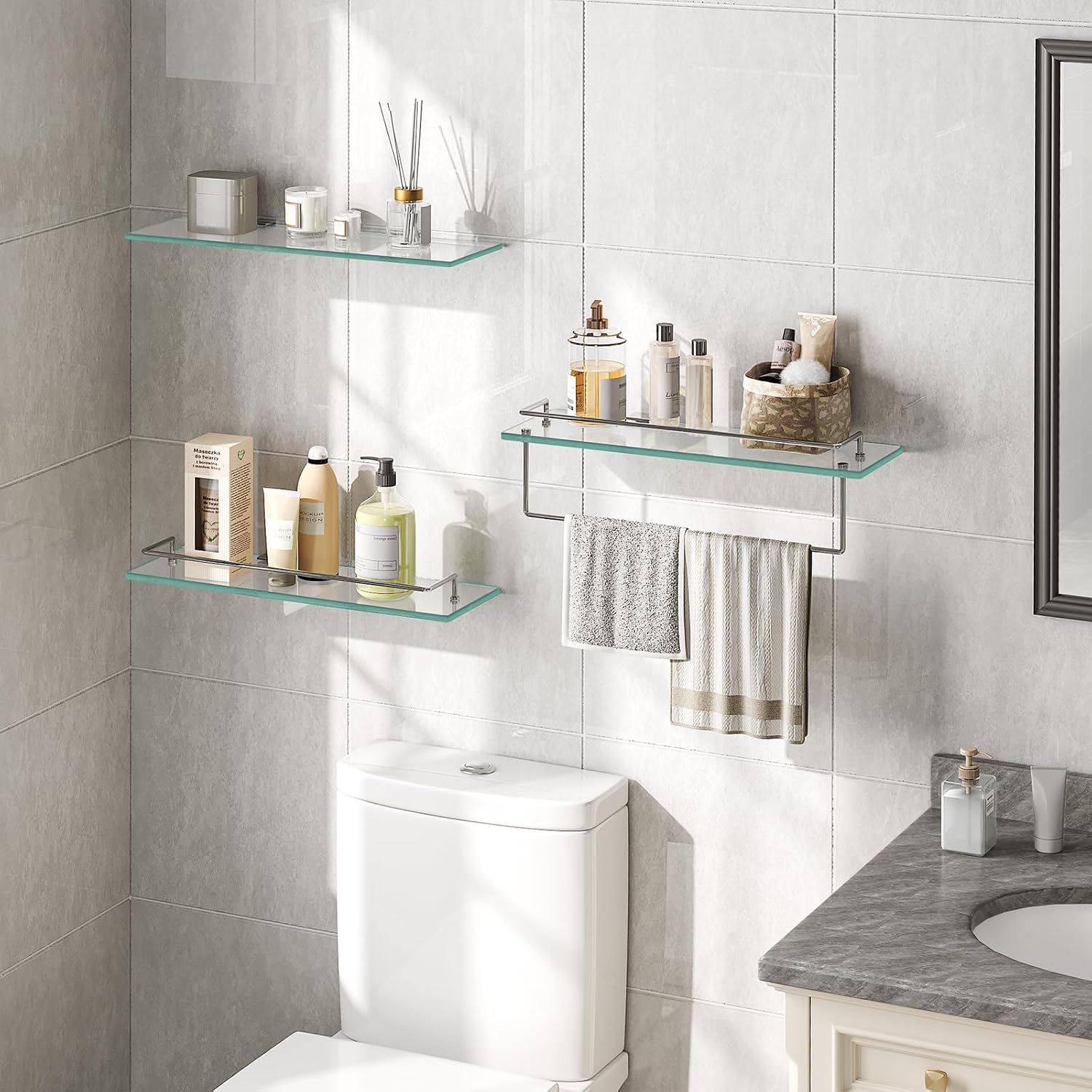 Wall‑Mounted Tempered Glass Bathroom Shelves