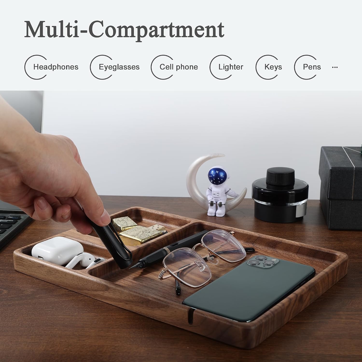 Walnut Wooden Bedside EDC Valet Tray