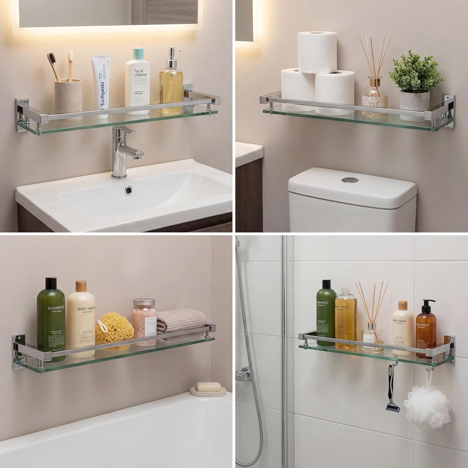 Wall‑Mounted Glass Bathroom Storage Shelves