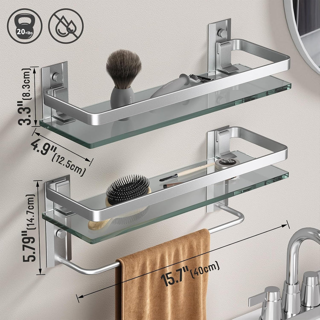 Wall‑Mounted Glass Bathroom Shelf With Towel Bar